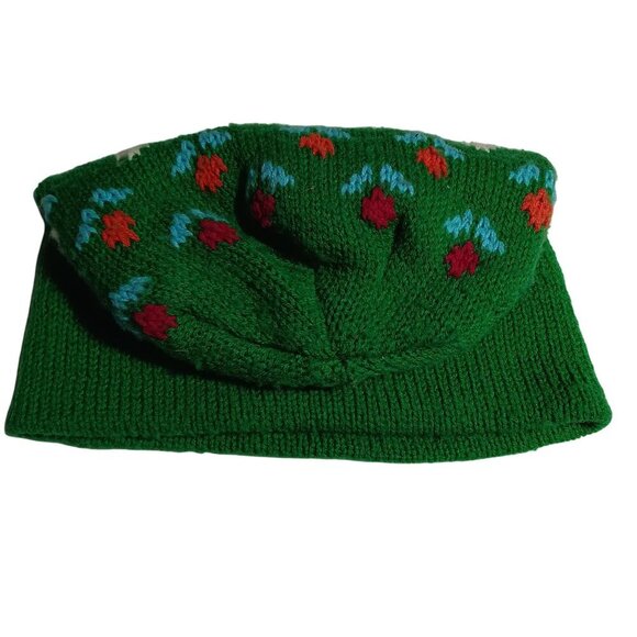 Vintage 1980's Boys Girls Medium Knitted Green Beanie Cap Floral Pattern - Picture 2 of 7